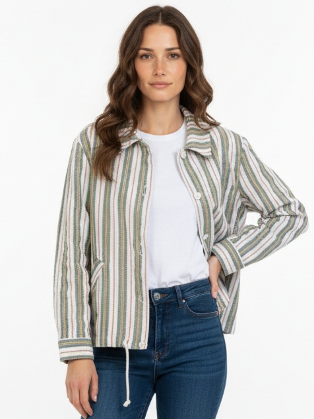 Zara Multicolored Striped 100% Cotton Textured‎ Button Up Jacket W/Drawstrings